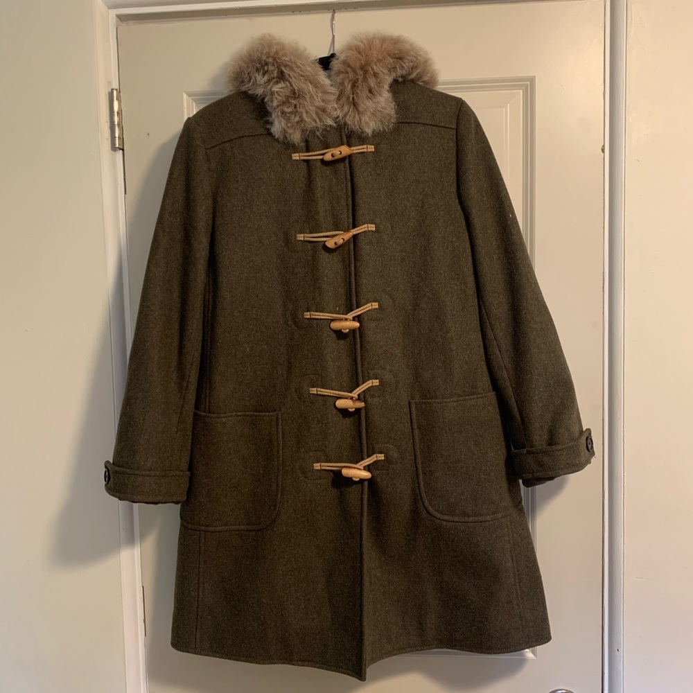 J. Crew Wool Toggle Close Coat with Fur Hood size Medium Green
